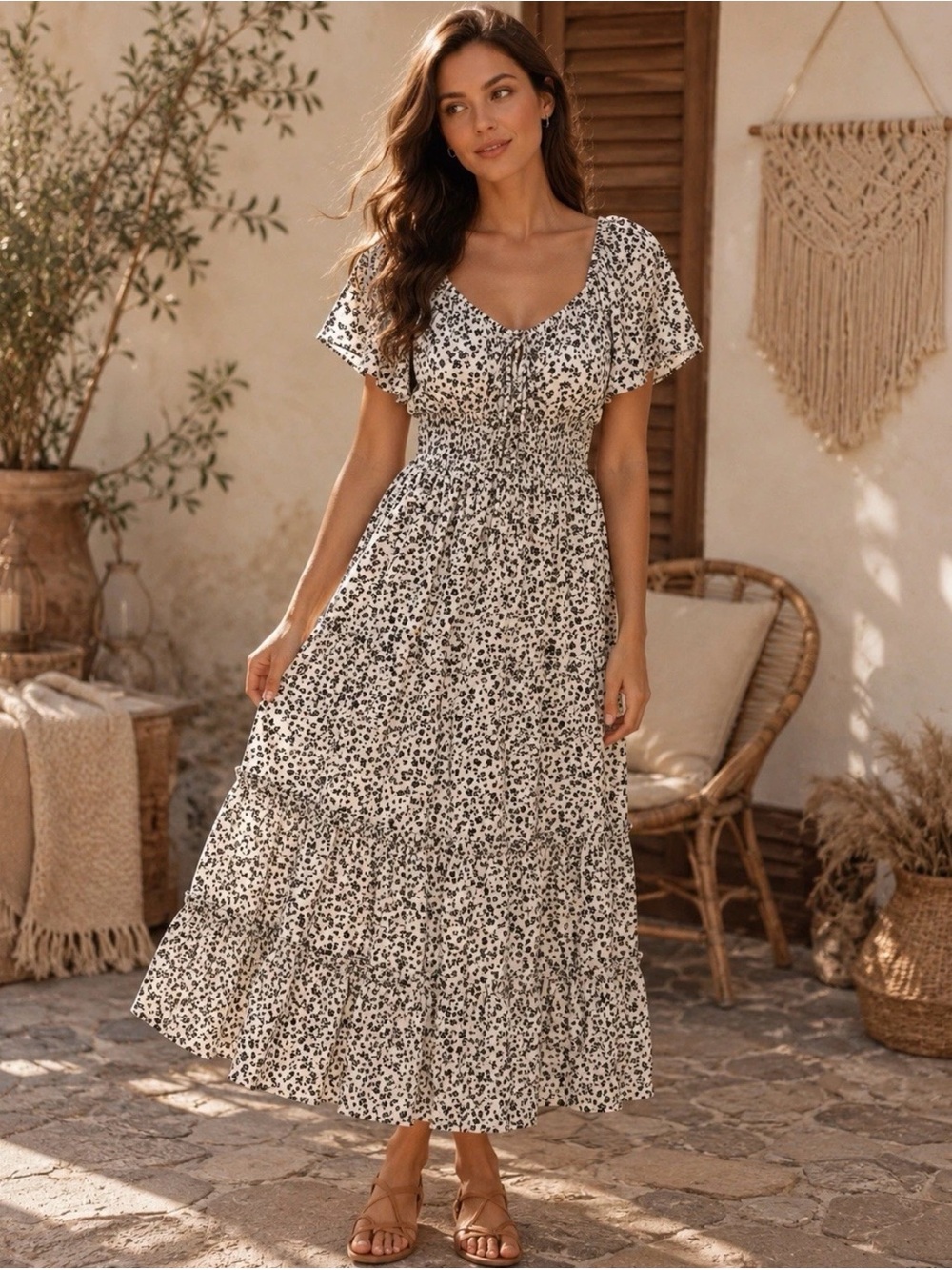 Blush Cream and Black Floral Smocked Maxi Dress